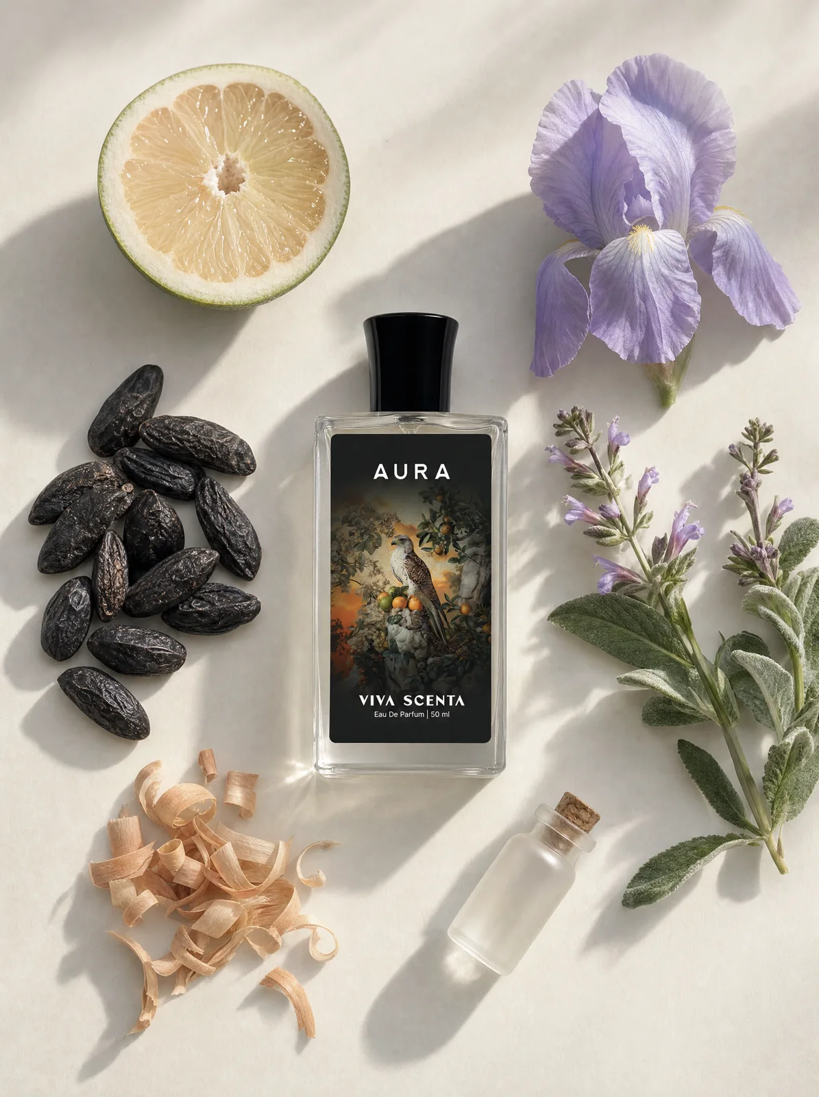 Aura bottle among its ingredients, flat lay