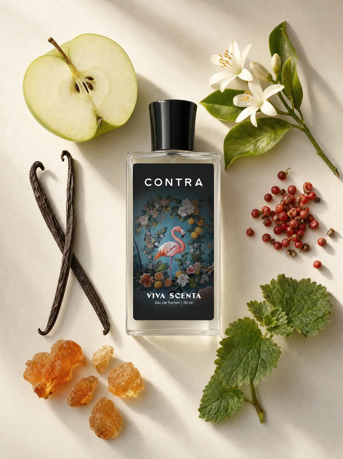 Contra bottle among its ingredients, flat lay
