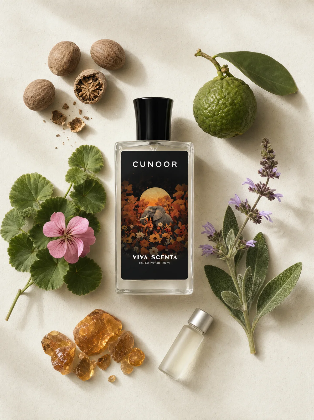 Cunoor bottle among its ingredients, flat lay