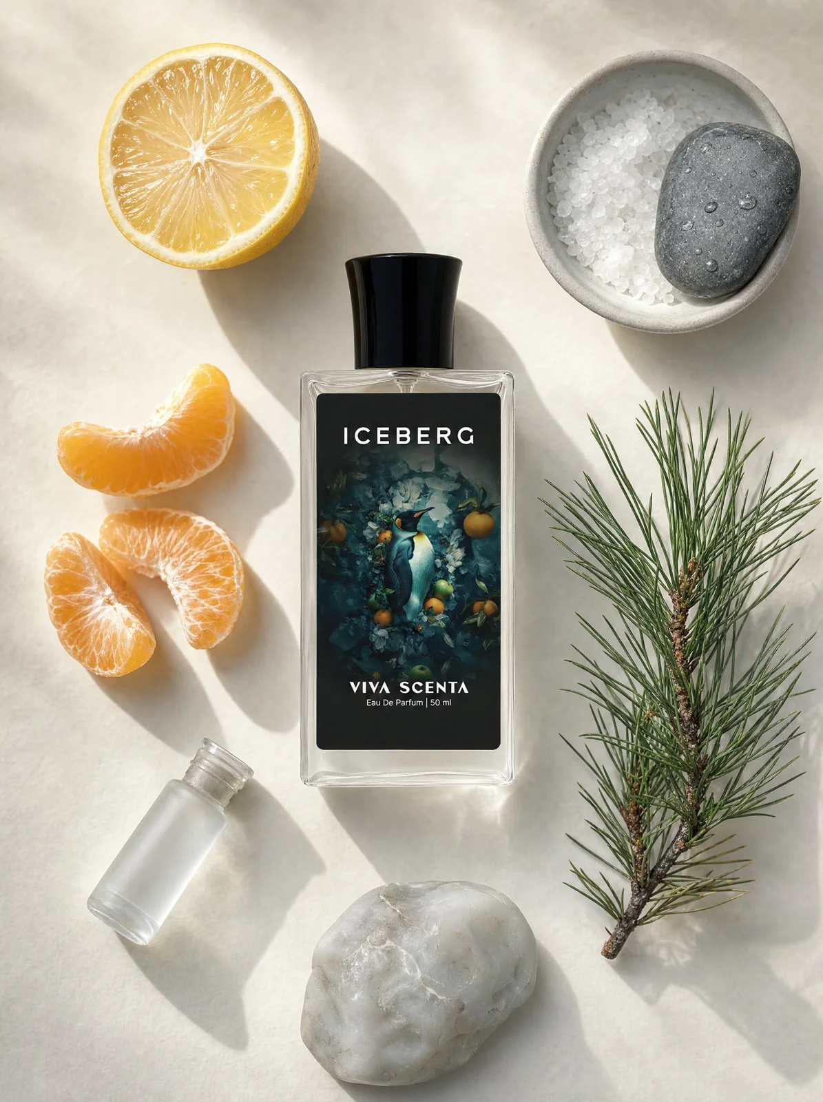 Iceberg bottle among its ingredients, flat lay