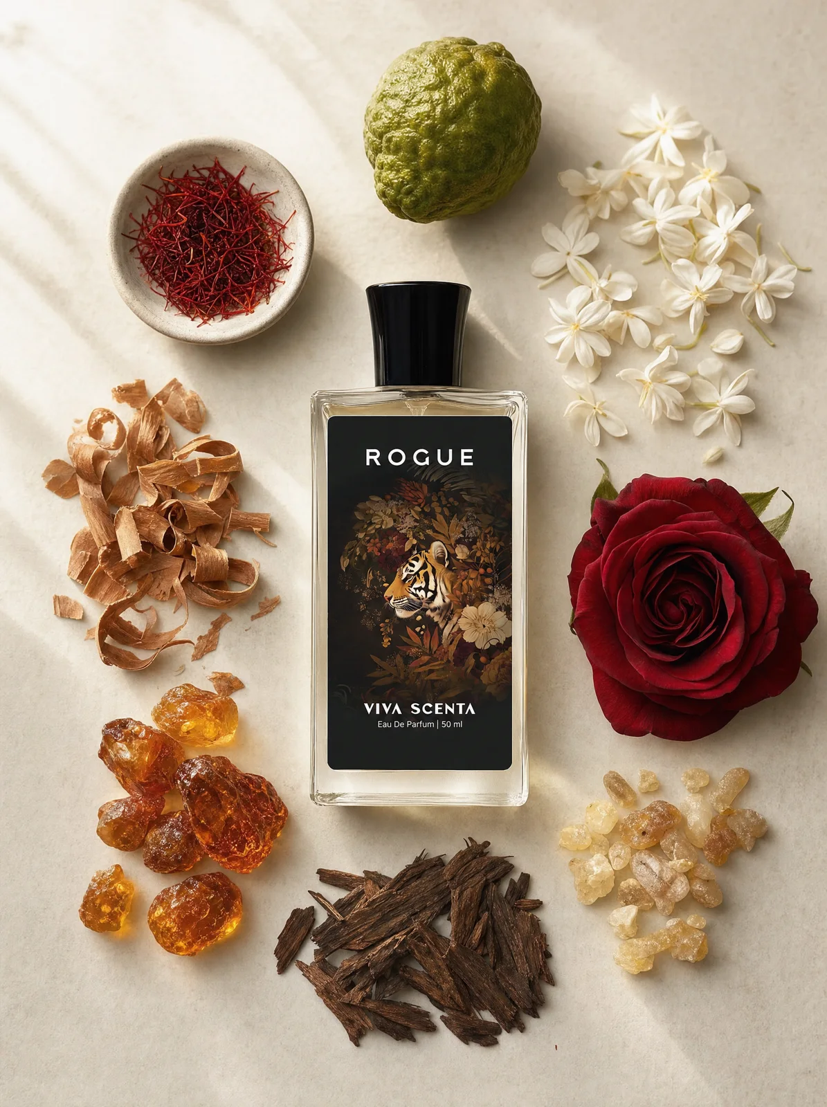 Rogue bottle among its ingredients, flat lay